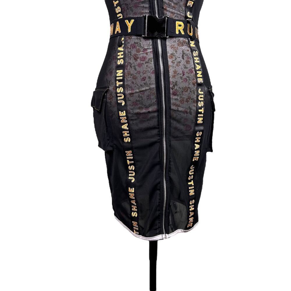 Justin Shane Black Mesh Zip Dress Medium RUNWAY Belted Bodycon Club Streetwear - Picture 6 of 12